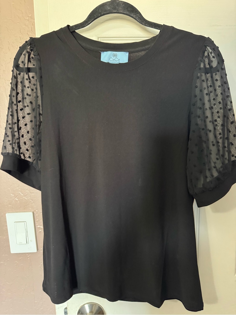 CeCe Black Puff-Sleeve Dot Mesh Tee